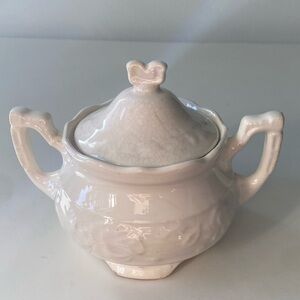 Vintage French white Porcelain Ironstone Sugar Bowl Double Handles Crackle Glaze